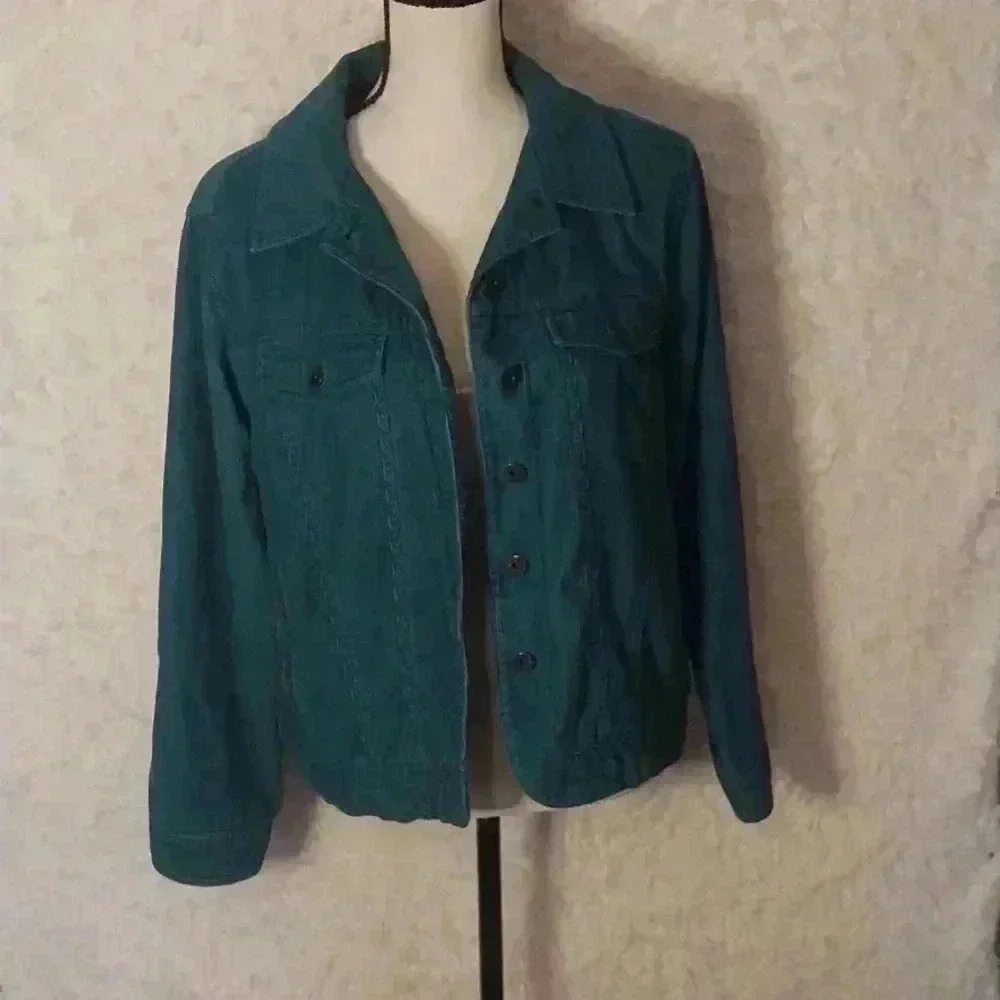 LL Bean Shirt Women Large Blue Corduroy Button Down Jacket Cotton Relaxed